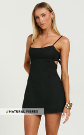 Lillith Mini Linen Dress - Scoop Neck Tie Back Dress in Black
